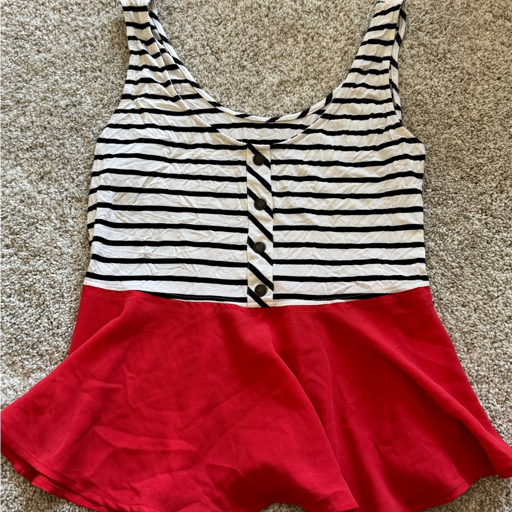 Striped Black and White Top with Red Hem